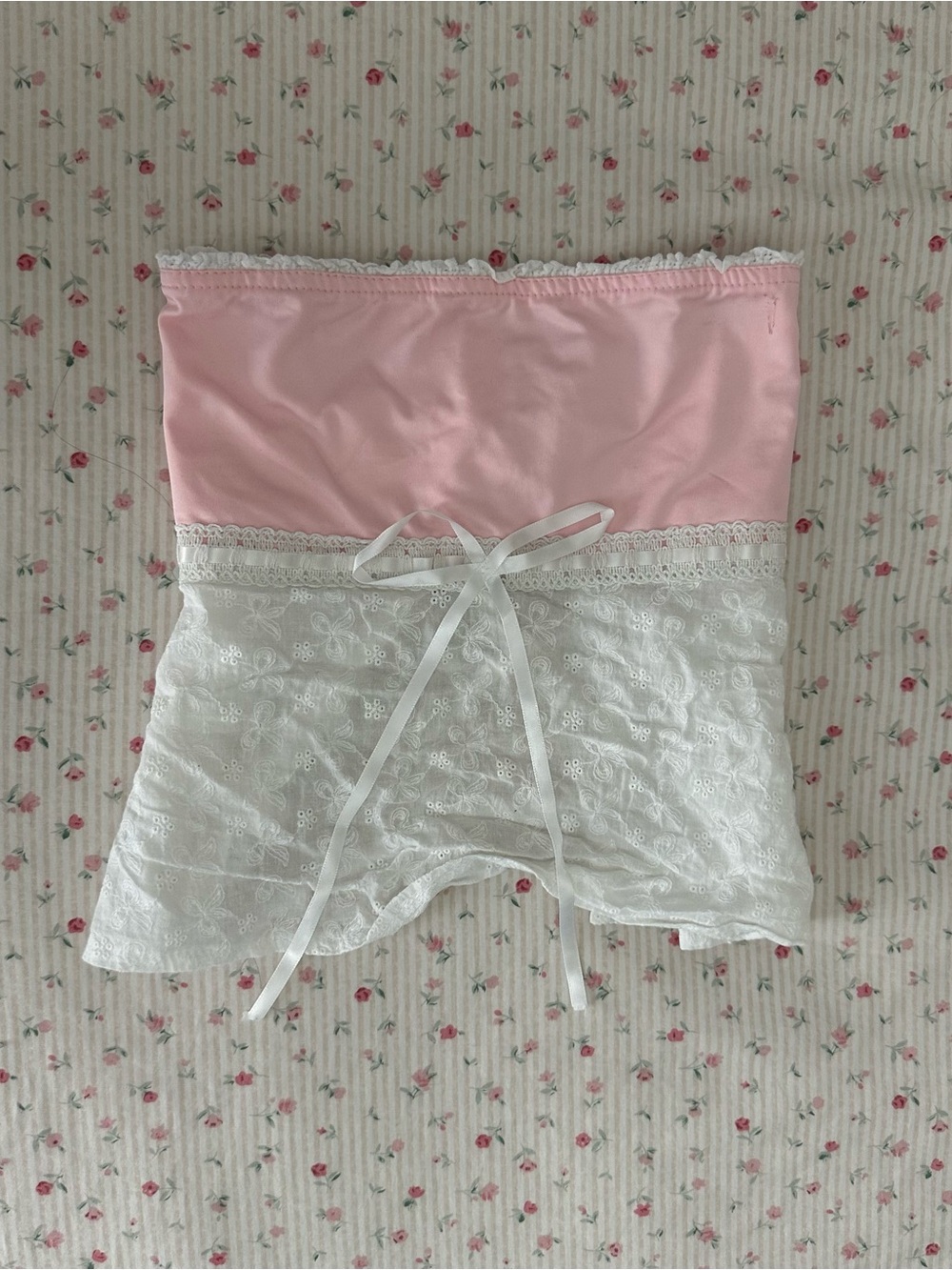 pink & white lace eyelet lace tube chemise top with bow ties